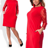Red Patchwork Lace Round Neck Fashion Midi Dress