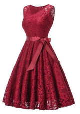 Burgundy Pleated Lace Belt Tutu V-neck Elegant Party Midi Dress