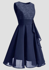 Navy Blue Patchwork Lace Draped Chiffon Round Neck Elegant Party Midi Dress