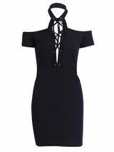 Black Halter Cold Shoulder Lace Up Front Ribbed Knit Dress Black Halter Cold Shoulder Lace Up Front Ribbed Knit Dress