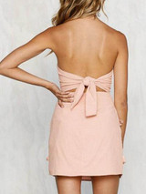 Pink Bandeau Lace Detail Tie Back Mini Dress