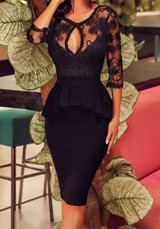 Black Plain Lace Cut Out Swallowtail Peplum Round Neck Midi Dress
