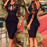 Black Plain Lace Cut Out Swallowtail Peplum Round Neck Midi Dress