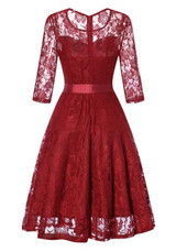 Burgundy Draped Lace Bow Sashes Banquet Hepburn Elegant Party Midi Dress