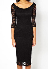 Black Plain Double-deck Round Neck Lace Midi Dress