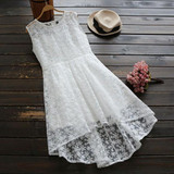 White Patchwork Hollow-out Lace Irregular Zipper Fashion Midi Dress