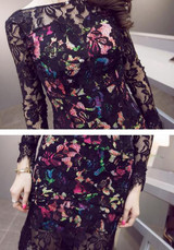 Black Patchwork Lace Hollow-out Backless Midi Dress