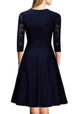 Navy Blue Patchwork Lace Draped Round Neck Fashion Midi Dress