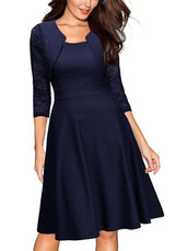 Navy Blue Patchwork Lace Draped Round Neck Fashion Midi Dress