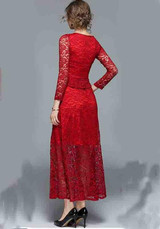 Red Patchwork Lace False 2-in-1 Round Neck Midi Dress