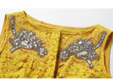 Yellow Patchwork Hollow-out Lace Single Breasted Rhinestone Zipper Midi Dress