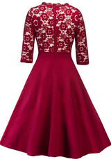 Red Patchwork Lace Zipper Draped Round Neck Fashion Midi Dress