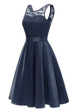 Navy Blue Patchwork Lace Pleated Bow Sashes Tutu Banquet Elegant Party Midi Dress