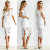 White Patchwork Cut Out Lace Condole Belt V-neck Fashion Midi Dress