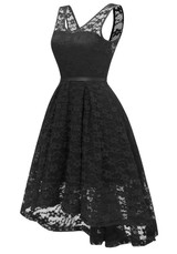 Black Lace Draped Sashes Bow V-neck Banquet Elegant Party Midi Dress