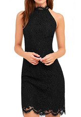 Black Plain Lace Sleeveless Fashion Slim Midi Dress