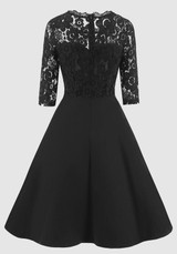 Black Patchwork Lace Draped Round Neck Elbow Sleeve Midi Dress