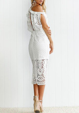 White Patchwork Zipper Hollow-out Lace Condole Belt Double-deck Midi Dress White Patchwork Zipper Hollow-out Lace Condole Belt Double-deck Midi Dress