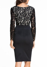 Black Patchwork Lace Hollow-out Plunging Neckline Midi Dress