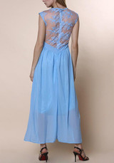 Blue Patchwork Lace Round Neck Sleeveless Elegant Midi Dress