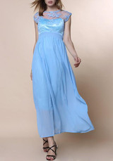 Blue Patchwork Lace Round Neck Sleeveless Elegant Midi Dress