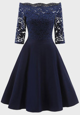 Navy Blue Patchwork Irregular Lace Boat Neck 3/4 Sleeve Midi Dress