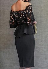 Black Patchwork Lace Ruffle Cut Out Backless Slit Boat Neck Midi Dress