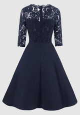 Navy Blue Patchwork Lace Draped Round Neck Elbow Sleeve Midi Dress