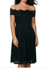 Black Lace Draped Double-deck Boat Neck Elegant Midi Dress