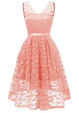 Pink Lace Draped Sashes Bow V-neck Banquet Elegant Party Midi Dress