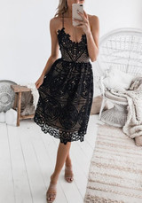 Black Patchwork Lace Tie Back Condole Belt V-neck Midi Dress