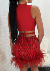 Red Patchwork Sequin Lace-up Two Piece Clubwear Deep V-neck Mini Dress