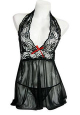 Black Patchwork Lace Hollow-out Bow Backless Mini Dress