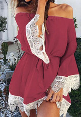 Rose Carmine Patchwork Lace Drawstring Boat Neck Mini Dress