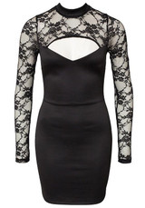 Casual Black Patchwork Lace Cut Out High Neck Mini Dress
