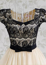 Casual Black Patchwork Pleated Lace Bow Square Neck Mini Dress