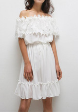Casual White Patchwork Lace Ruffle Boat Neck Short Sleeve Mini Dress