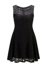 Casual Black Patchwork Hollow-out Lace Zipper Round Neck Mini Dress
