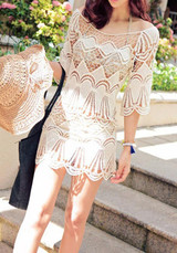 Casual White Plain Hollow-out Round Neck Lace Mini Dress
