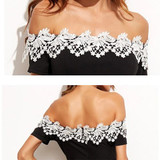 Casual Black Patchwork Lace Backless Boat Neck Mini Dress