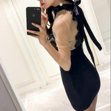 Casual Black Patchwork Grenadine Hollow-out Lace Zipper Mini Dress