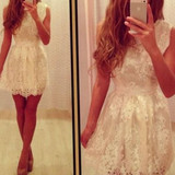 Casual White Patchwork Lace Grenadine Bow Pleated Round Neck Mini Dress