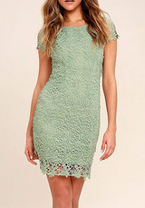 Casual Green Patchwork Hollow-out Lace Zipper Backless Round Neck Mini Dress