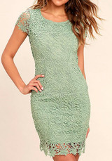 Casual Green Patchwork Hollow-out Lace Zipper Backless Round Neck Mini Dress