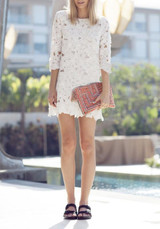 Casual White Plain Hollow-out Lace Round Neck Mini Dress