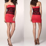Casual Red Patchwork Lace Bandeau Sleeveless Mini Dress