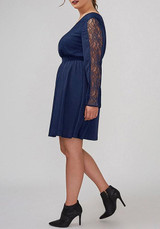 Casual Navy Blue Patchwork Lace Hollow-out V-neck A-line Plus Size Mini Dress