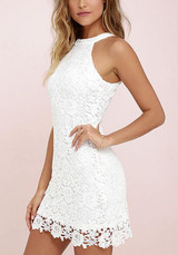 Casual White Patchwork Lace Hollow-out Round Neck Mini Dress