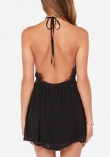 Casual Black Patchwork Lace Hollow-out Tie Back Pleated Double-deck Mini Dress