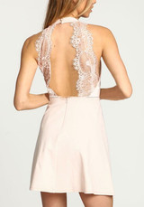 Casual White Patchwork Cut Out Lace Zipper Round Neck Mini Dress